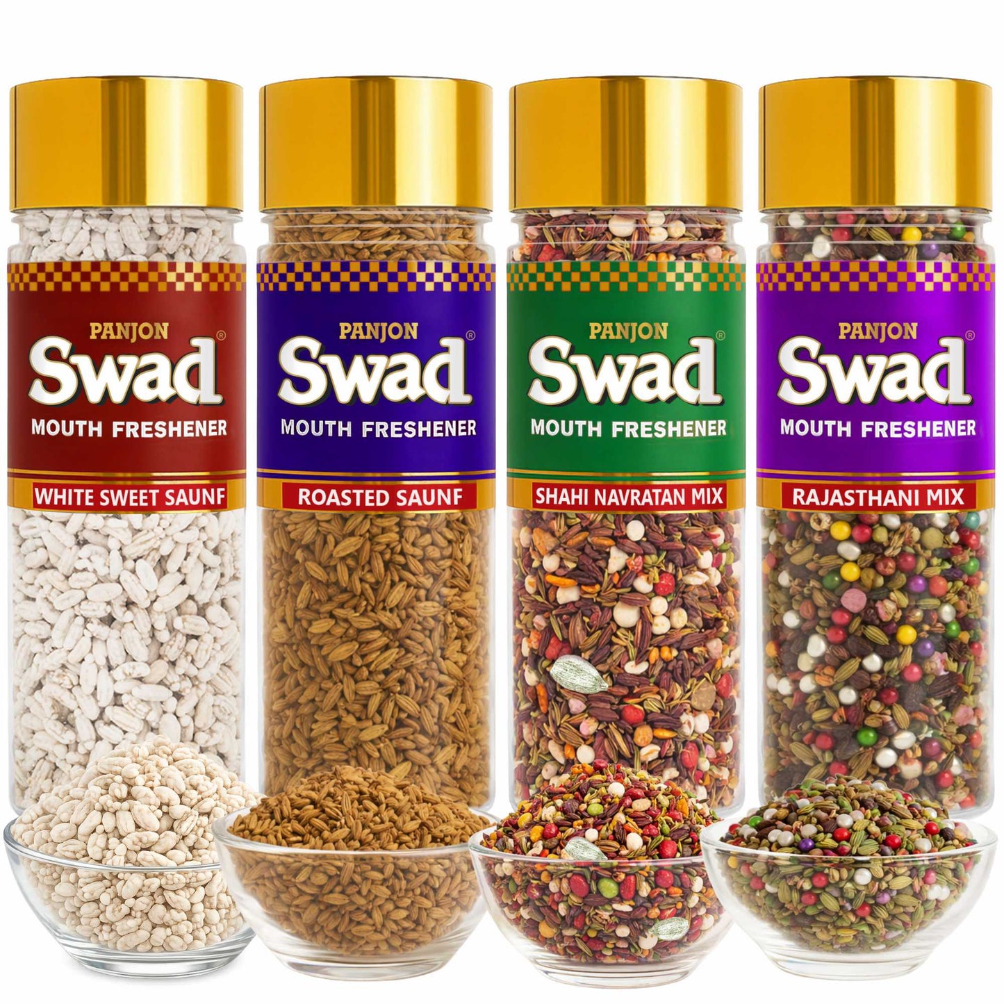 Swad Mouth Freshener Combo White Sweet Saunf, Roasted Saunf, Navaratan Mix & Rajasthani Mukhwas, 4 bottle