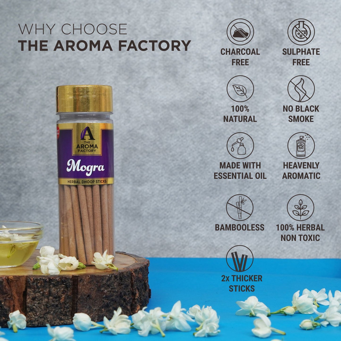 The Aroma Factory Mogra Dhoop Stick (0% Charcoal 0% Suphates) Herbal Bambooless Incense Dhoopbatti Bottle Pack, 100g