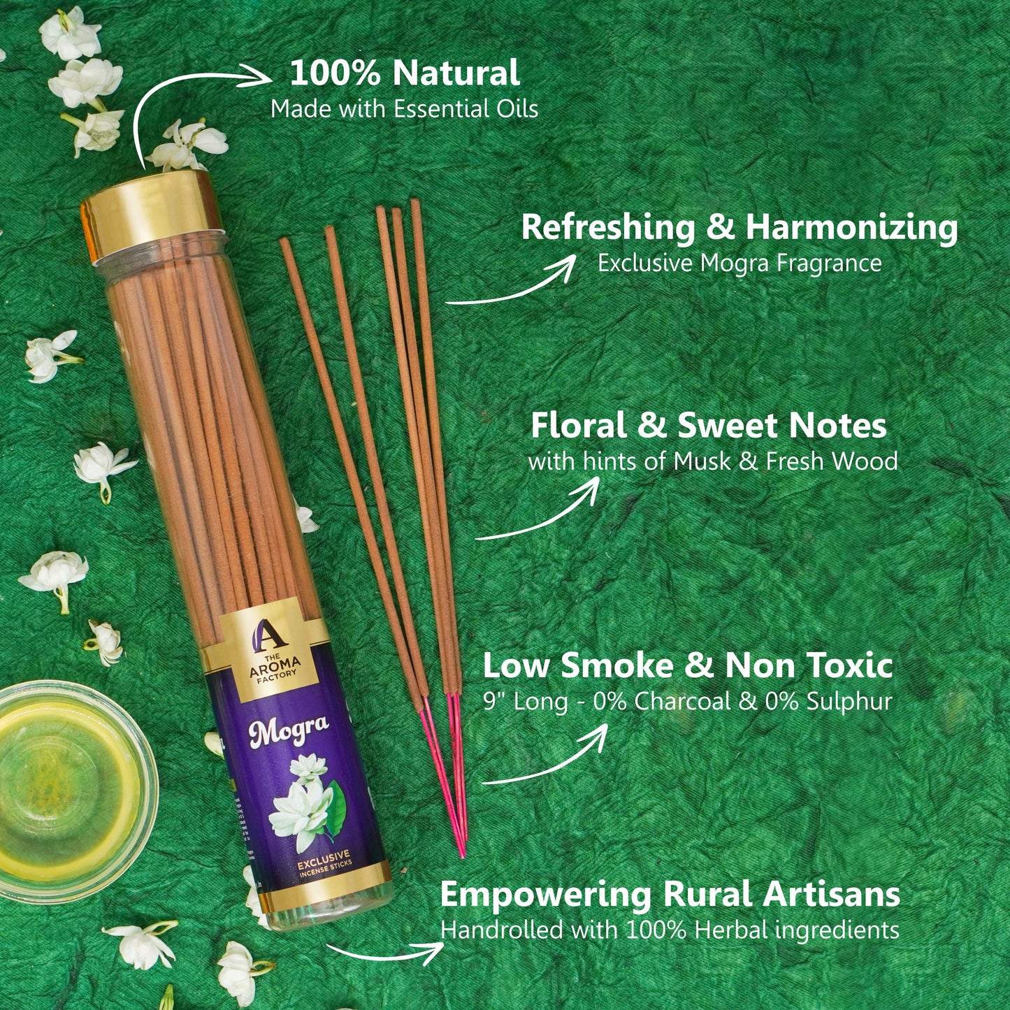 The Aroma Factory Mogra Incense Stick Agarbatti (0% Charcoal 0% Sulphates) Organic Agarbatti Bottle Pack, 100G