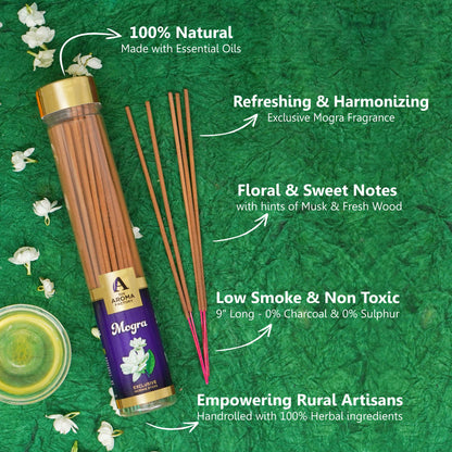The Aroma Factory Mogra Incense Stick Agarbatti (0% Charcoal 0% Sulphates) Organic Agarbatti Bottle Pack, 100G