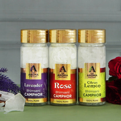 The Aroma Factory Pure Bhimseni Camphor, Lavender, Rose & Citrus Lemon, Zero Residue Kapoor with Fragrance for Pooja, Aarti Kapur | Bottle Pack of 3 x 80gm