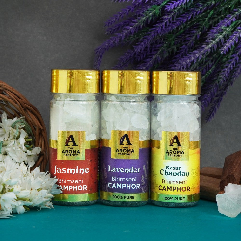 The Aroma Factory Pure Bhimseni Camphor Jasmine ,Lavender & Kesar Chandan, Zero Residue Kapoor with Fragrance for Pooja, Aarti Kapur | Bottle Pack of 3 x 80gm
