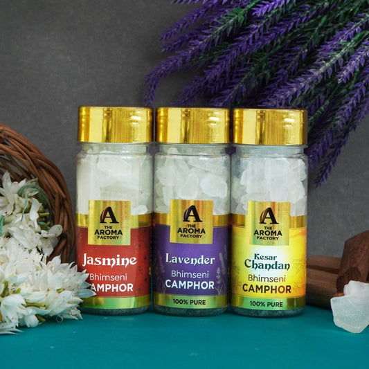The Aroma Factory Pure Bhimseni Camphor Jasmine ,Lavender & Kesar Chandan, Zero Residue Kapoor with Fragrance for Pooja, Aarti Kapur | Bottle Pack of 3 x 80gm