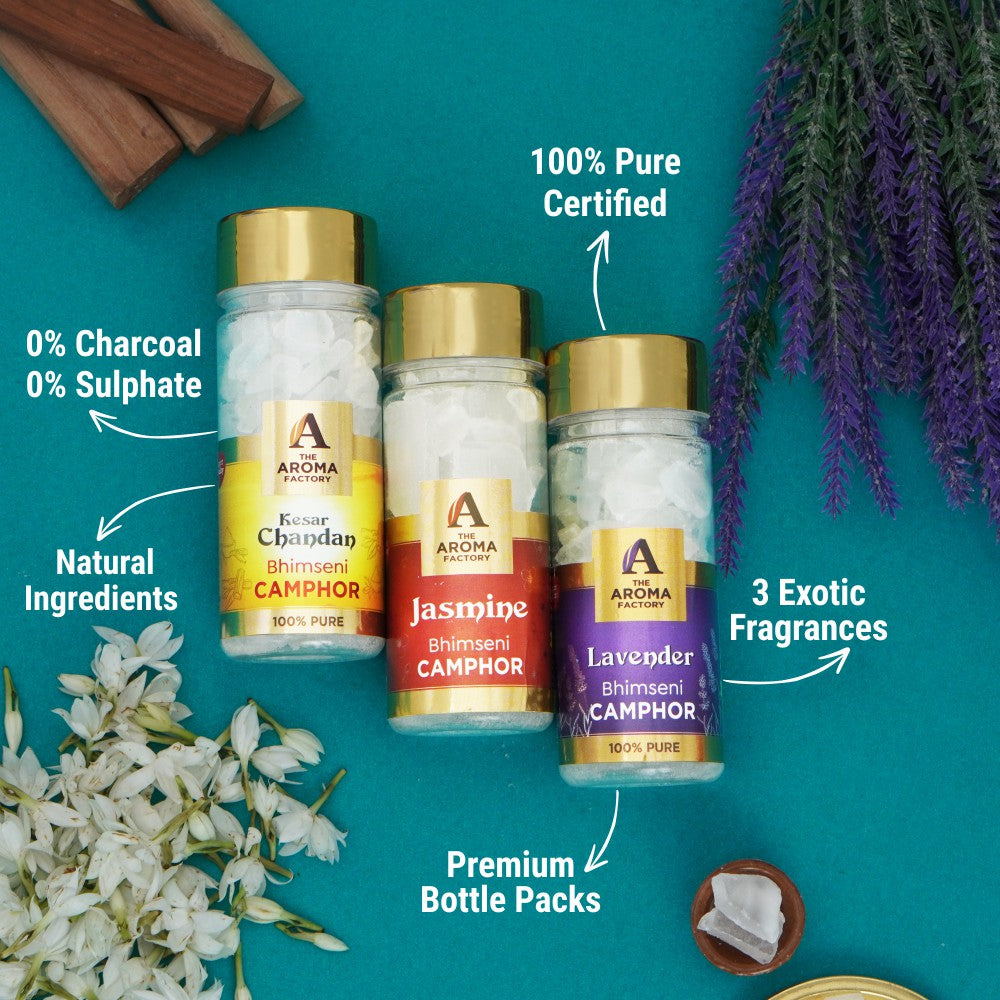 The Aroma Factory Pure Bhimseni Camphor Jasmine ,Lavender & Kesar Chandan, Zero Residue Kapoor with Fragrance for Pooja, Aarti Kapur | Bottle Pack of 3 x 80gm