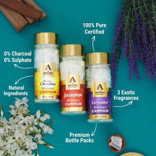 The Aroma Factory Pure Bhimseni Camphor Jasmine ,Lavender & Kesar Chandan, Zero Residue Kapoor with Fragrance for Pooja, Aarti Kapur | Bottle Pack of 3 x 80gm