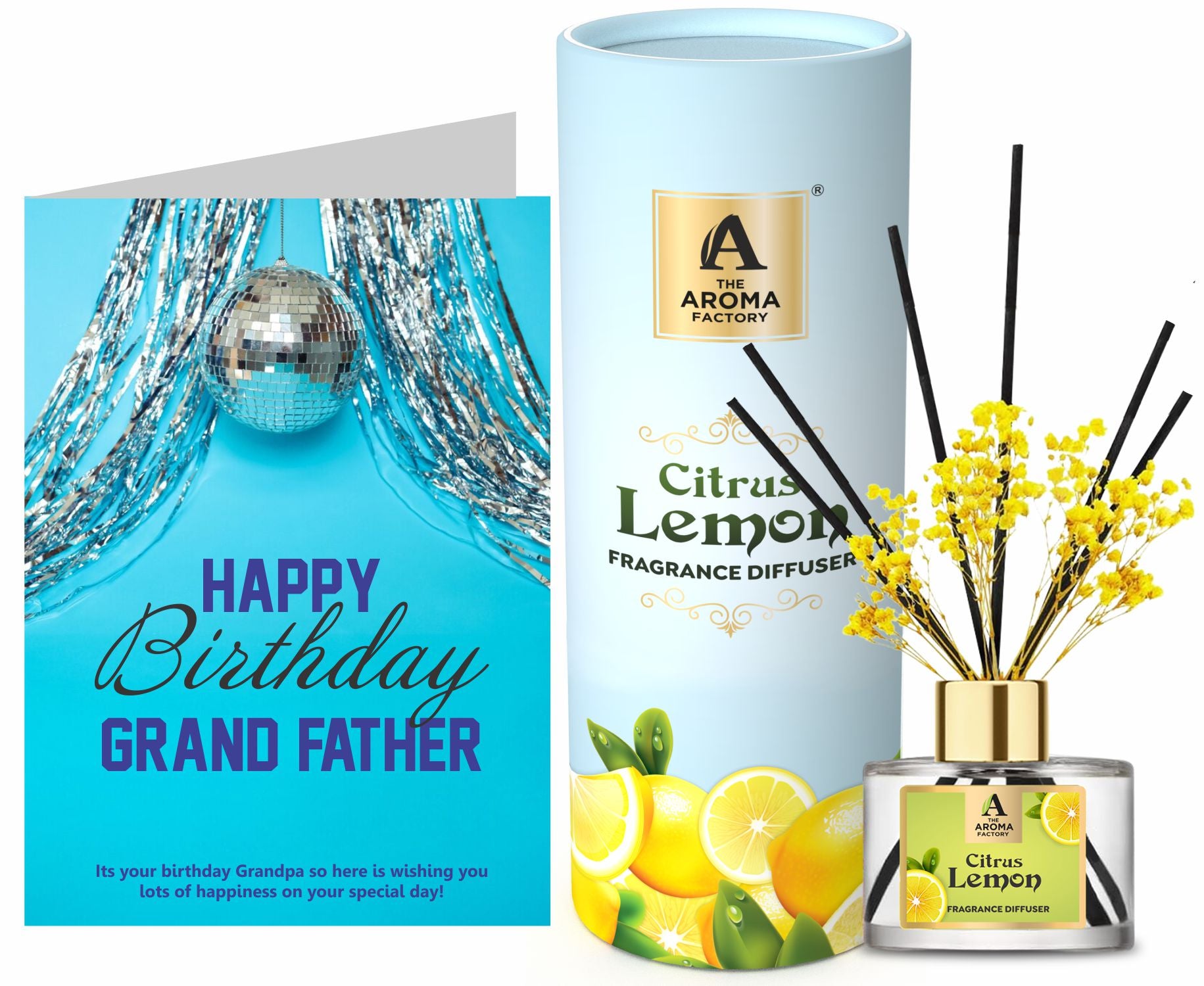 The Aroma Factory Happy Birthday Dada Grand Dad Gift with Card, Citrus Lemon Fragrance Reed Diffuser Set (1 Box + 1 Card)