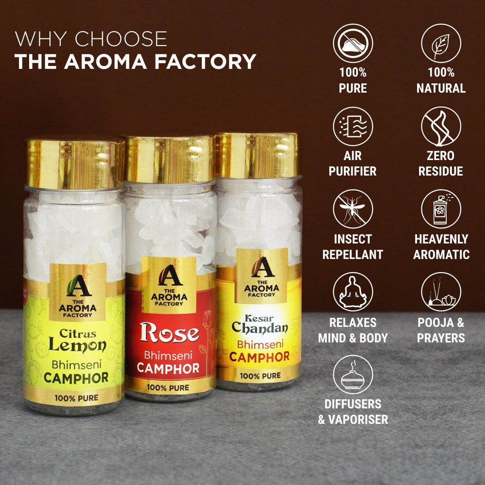 The Aroma Factory Pure Bhimseni Camphor, Citrus Lemon, Rose & Kesar Chandan  Zero Residue Kapoor with Fragrance for Pooja, Aarti Kapur | Bottle Pack of 3 x 80gm