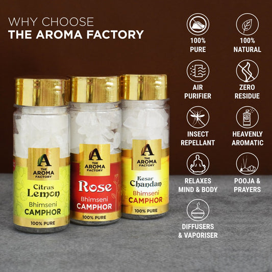 The Aroma Factory Pure Bhimseni Camphor, Citrus Lemon, Rose & Kesar Chandan  Zero Residue Kapoor with Fragrance for Pooja, Aarti Kapur | Bottle Pack of 3 x 80gm