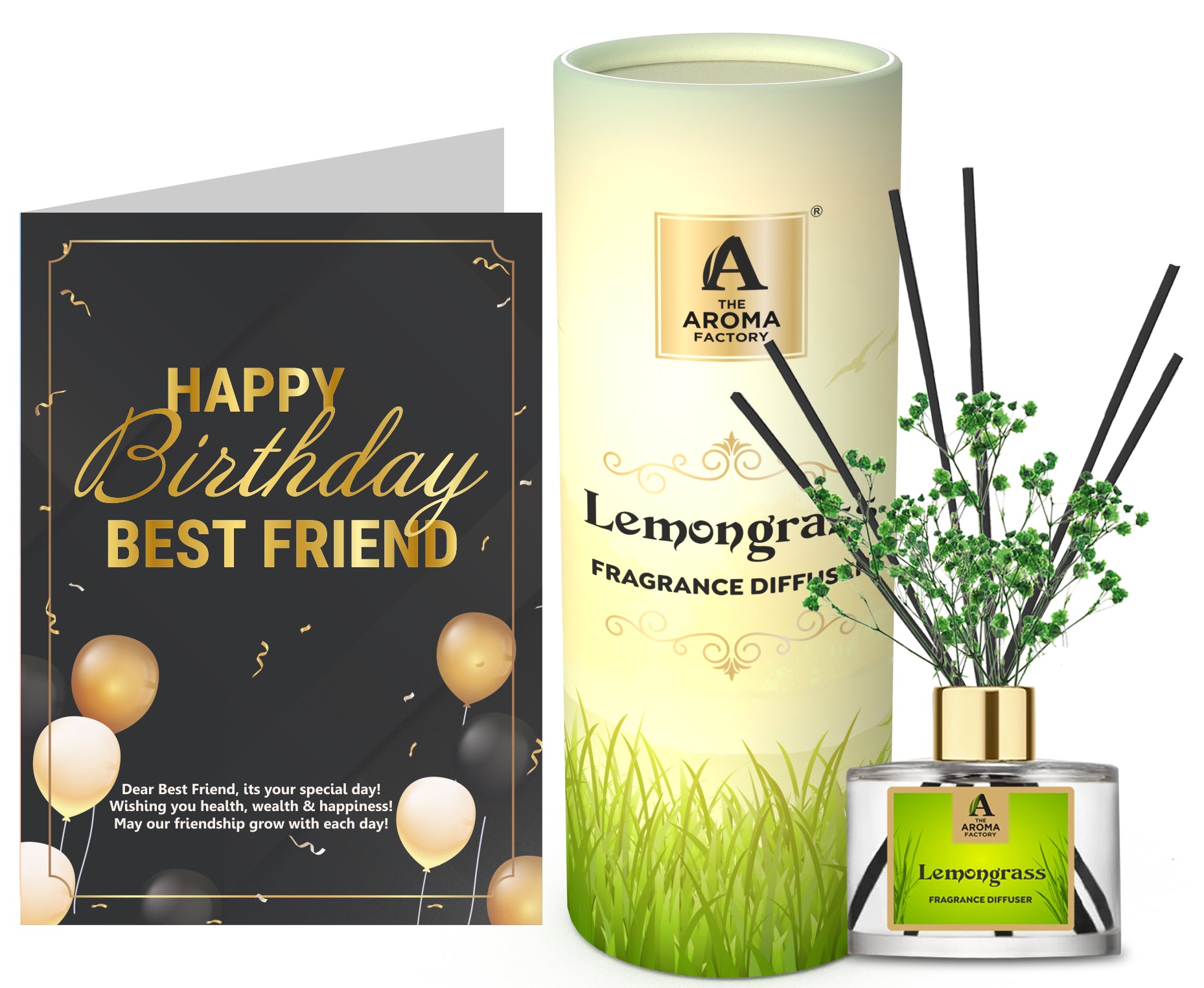 The Aroma Factory Happy Birthday with Card, Lemongrass Fragrance Reed Diffuser Set (1 Box + 1 Card)