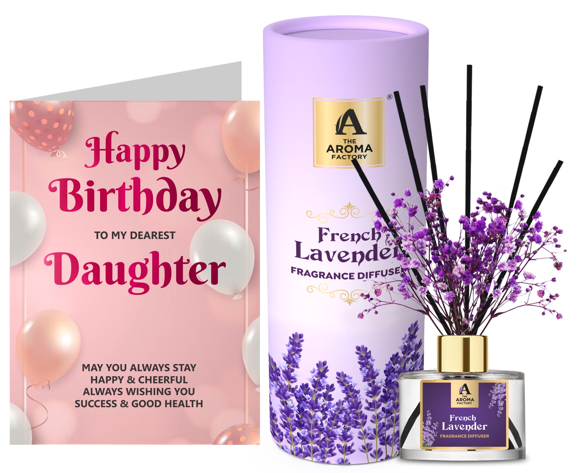 The Aroma Factory Happy Birthday Gift for Daughter/Beti with Card, French Lavender Fragrance Reed Diffuser Set (1 Box + 1 Card)