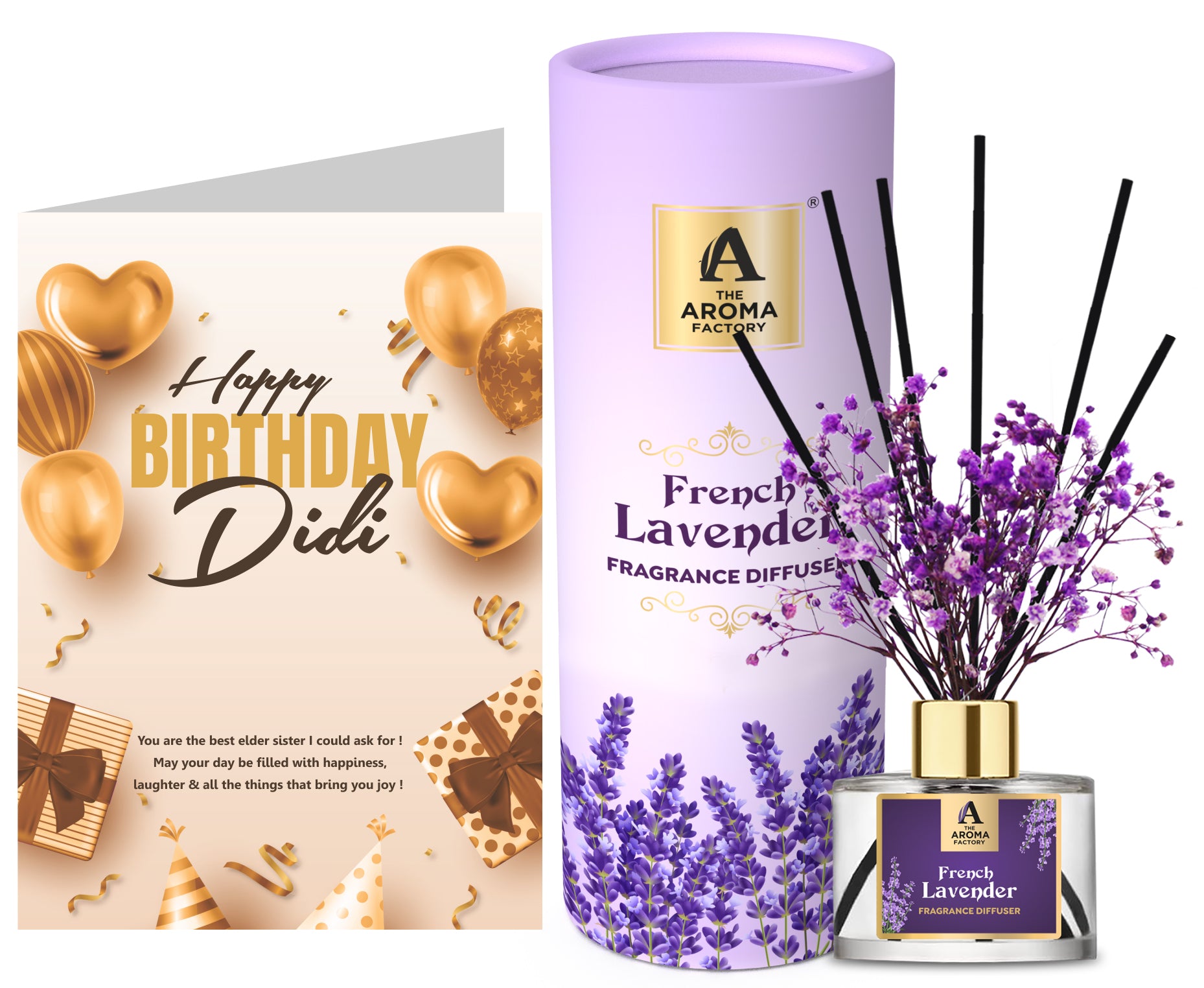 The Aroma Factory Happy Birthday Gift for Didi/Elder Sister with Card, French Lavender Fragrance Reed Diffuser Set (1 Box + 1 Card)