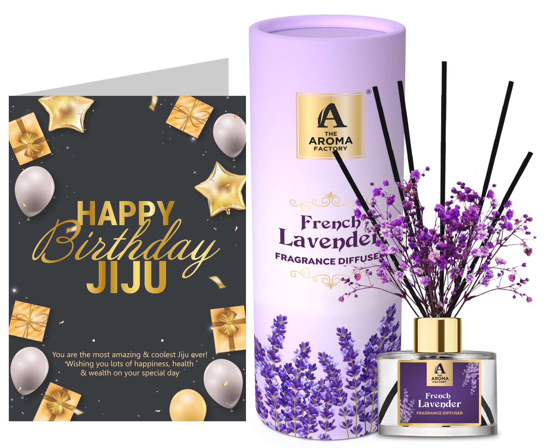 The Aroma Factory Happy Birthday Gift for Gift for Best Jiju/Jija jijaji with Card, French Lavender Fragrance Reed Diffuser Set (1 Box + 1 Card)