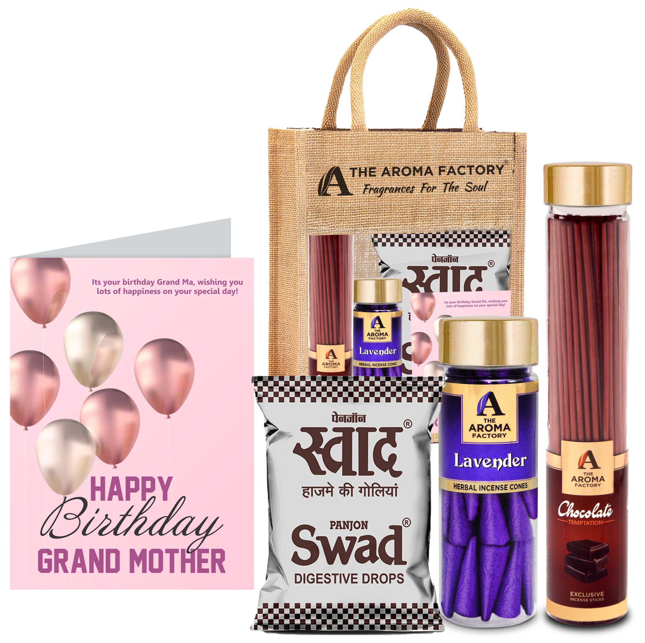 The Aroma Factory Happy Birthday Dadi Grand Mom Gift with Card (25 Swad Candy, Chocolate Agarbatti Bottle, Lavender Cone) in Jute Bag
