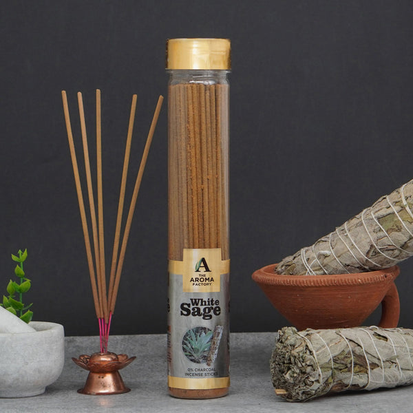 The Aroma Factory White Sage Incense Stick Agarbatti (0% Charcoal 0% Sulphates) Herbal Smudge Agarbatti Bottle Pack, 100G
