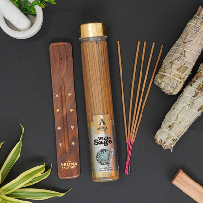 The Aroma Factory White Sage Incense Stick Agarbatti (0% Charcoal 0% Sulphates) Herbal Smudge Agarbatti Bottle Pack, 100G