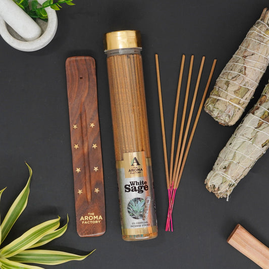 The Aroma Factory White Sage Incense Stick Agarbatti (0% Charcoal 0% Sulphates) Herbal Smudge Agarbatti Bottle Pack, 100G