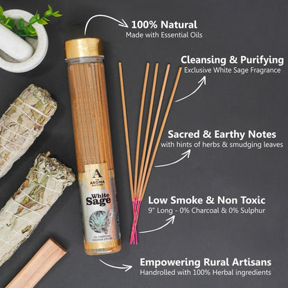 The Aroma Factory White Sage Incense Stick Agarbatti (0% Charcoal 0% Sulphates) Herbal Smudge Agarbatti Bottle Pack, 100G