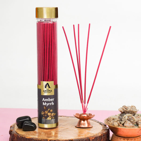 The Aroma Factory Amber & Myrrh Incense Stick (0% Charcoal 0% Sulphates) Organic & Herbal Agarbatti Bottle Pack, 100G