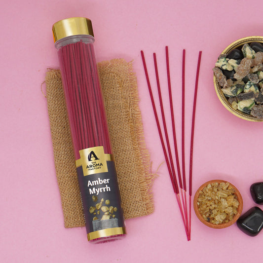 The Aroma Factory Amber & Myrrh Incense Stick (0% Charcoal 0% Sulphates) Organic & Herbal Agarbatti Bottle Pack, 100G