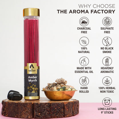 The Aroma Factory Amber & Myrrh Incense Stick (0% Charcoal 0% Sulphates) Organic & Herbal Agarbatti Bottle Pack, 100G