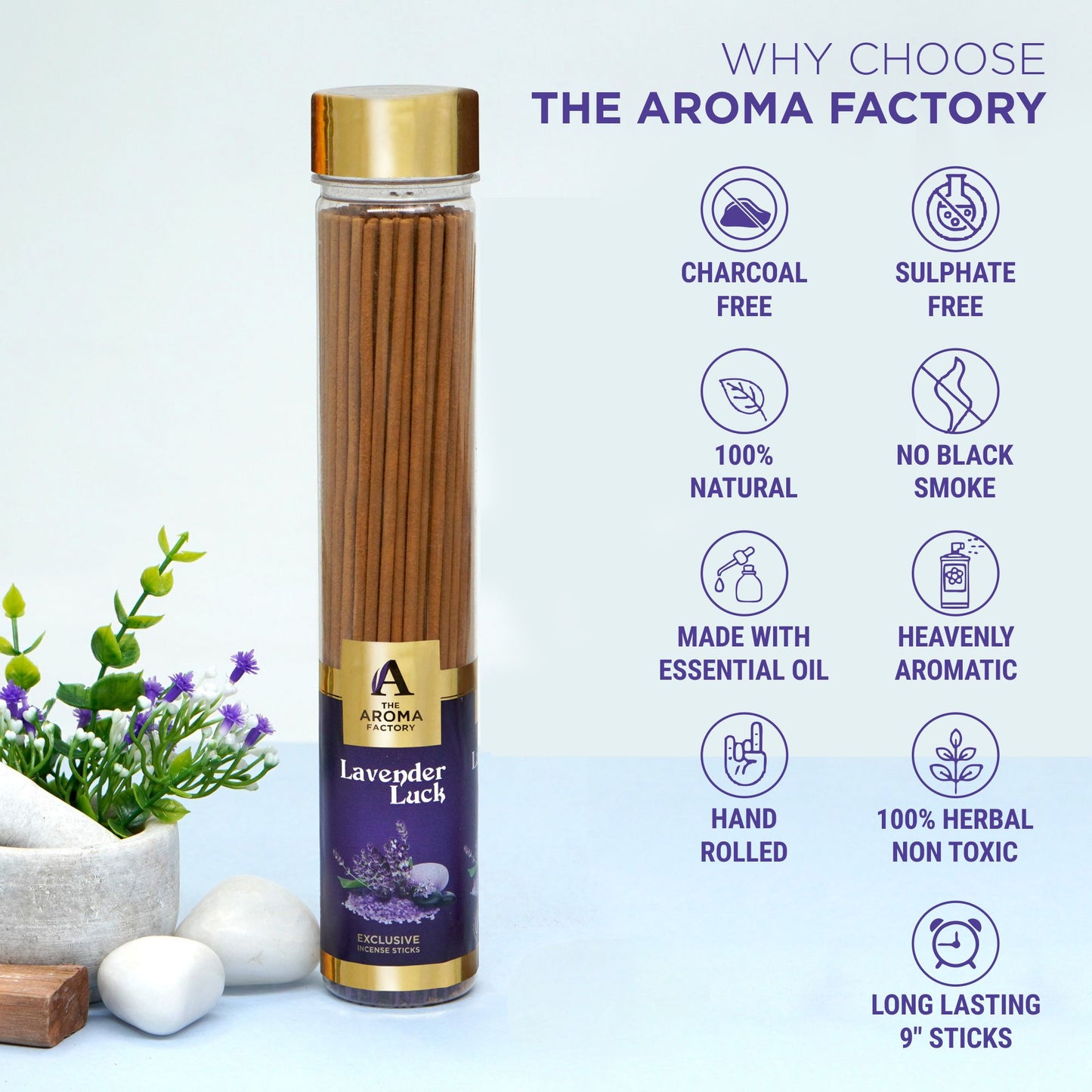 The Aroma Factory Lavender Incense Stick (0% Charcoal 0% Sulphates) Herbal Agarbatti Bottle Pack, 100G