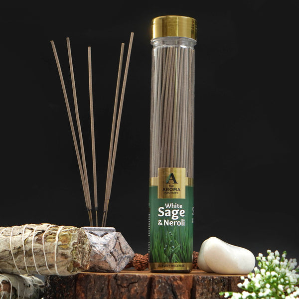 The Aroma Factory White Sage & Neroli Incense Stick (0% Charcoal 0% Sulphates) Smudge Sage Agarbatti Bottle Pack, 100G