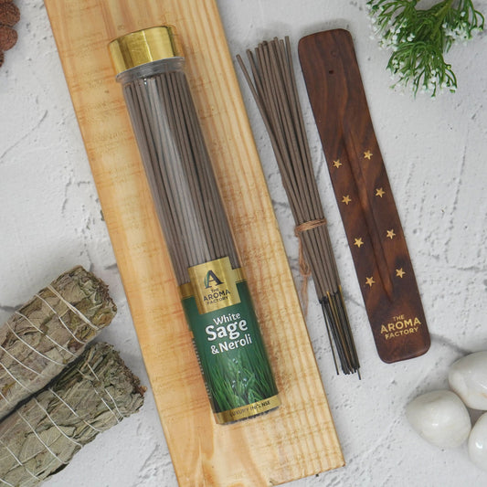 The Aroma Factory White Sage & Neroli Incense Stick (0% Charcoal 0% Sulphates) Smudge Sage Agarbatti Bottle Pack, 100G