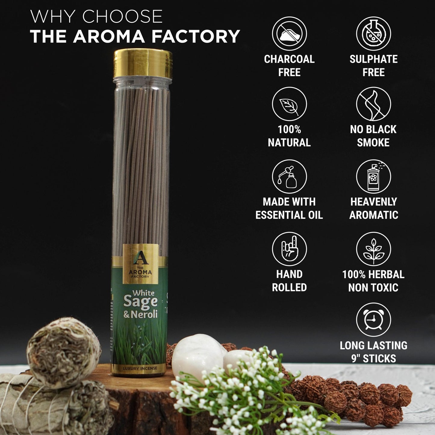 The Aroma Factory White Sage & Neroli Incense Stick (0% Charcoal 0% Sulphates) Smudge Sage Agarbatti Bottle Pack, 100G