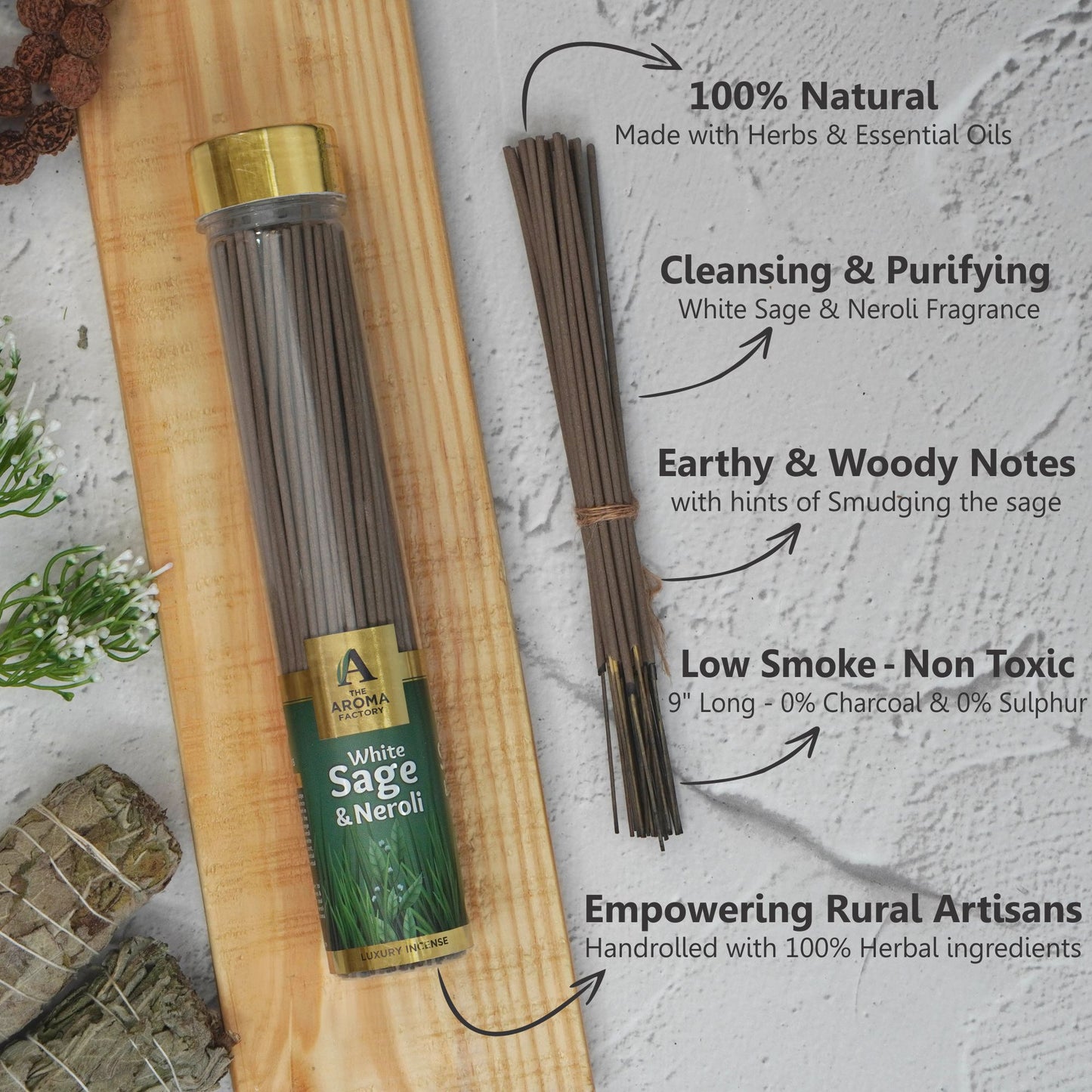 The Aroma Factory White Sage & Neroli Incense Stick (0% Charcoal 0% Sulphates) Smudge Sage Agarbatti Bottle Pack, 100G