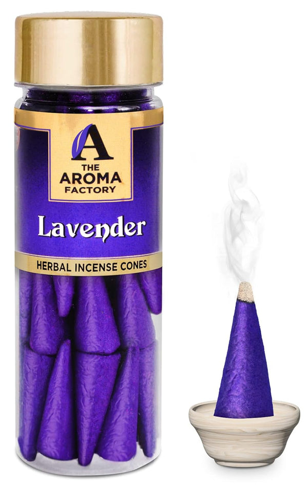 The Aroma Factory Lavender Incense Cone (0% Charcoal 0% Suphates Herbal Dhoop) Free Holder Bottle Pack, 30 Cones