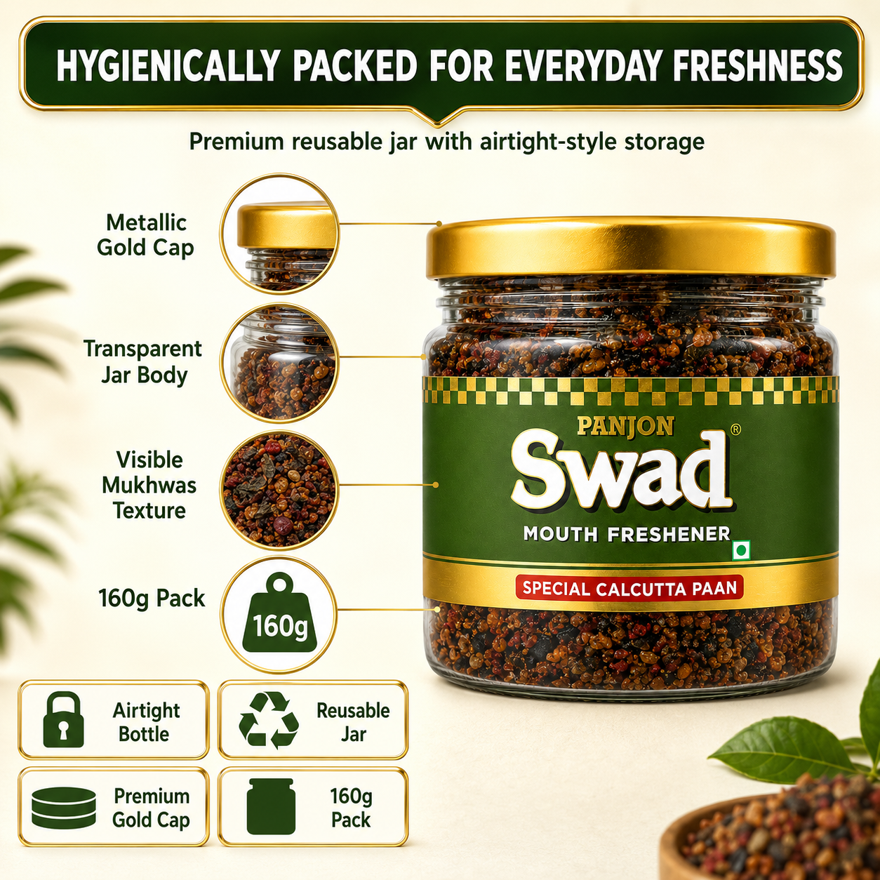 Panjon Swad Calcutta Paan Mukhwas – Mouth Freshener, 100% Natural, No Supari, After-Meal Digestive (160g)