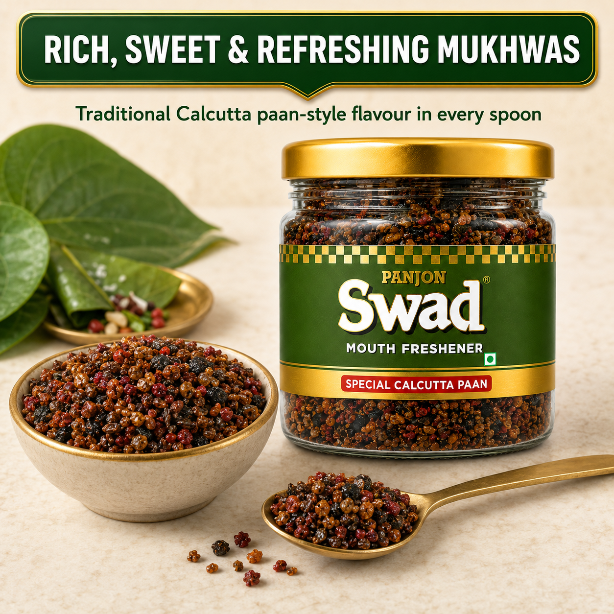 Panjon Swad Calcutta Paan Mukhwas – Mouth Freshener, 100% Natural, No Supari, After-Meal Digestive (160g)