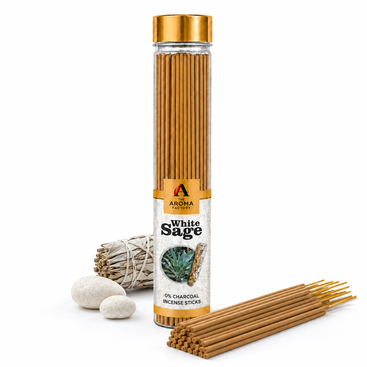 The Aroma Factory White Sage Agarbatti – Natural Herbal Incense Sticks for Pooja | 0% Charcoal, Low Smoke, Long Lasting Fragrance | 9-Inch Premium Agarbatti (100g Bottle Pack)