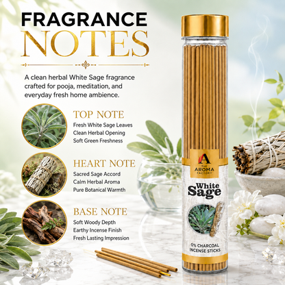 The Aroma Factory White Sage Agarbatti – Natural Herbal Incense Sticks for Pooja | 0% Charcoal, Low Smoke, Long Lasting Fragrance | 9-Inch Premium Agarbatti (100g Bottle Pack)