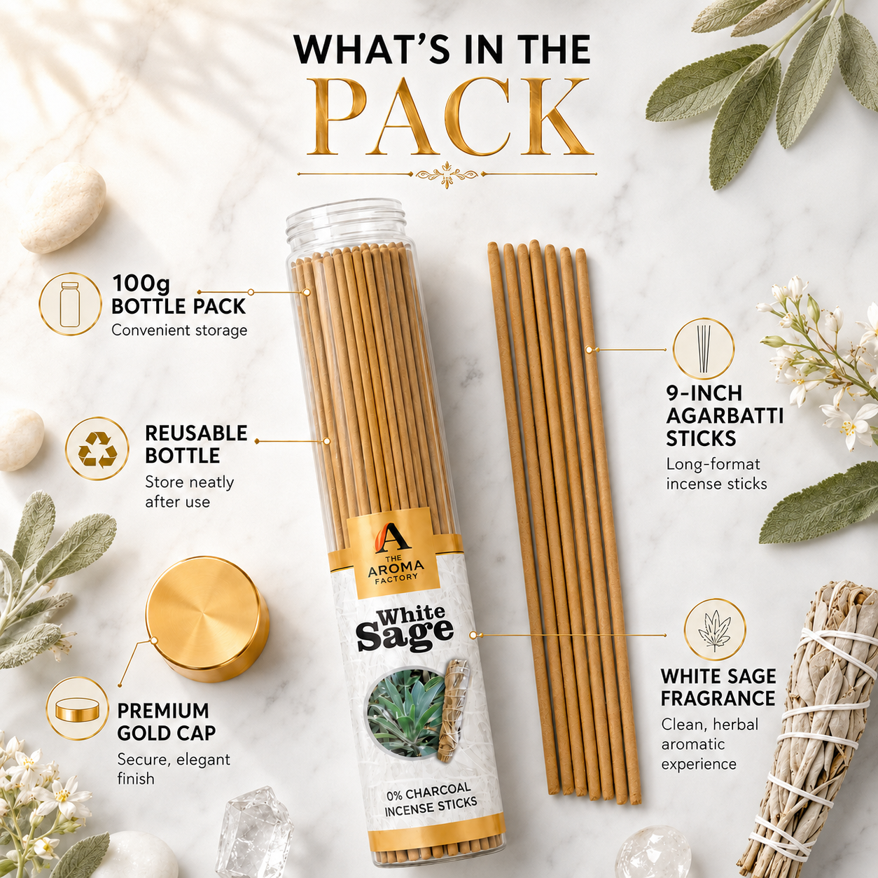 The Aroma Factory White Sage Agarbatti – Natural Herbal Incense Sticks for Pooja | 0% Charcoal, Low Smoke, Long Lasting Fragrance | 9-Inch Premium Agarbatti (100g Bottle Pack)