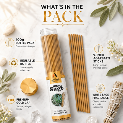 The Aroma Factory White Sage Agarbatti – Natural Herbal Incense Sticks for Pooja | 0% Charcoal, Low Smoke, Long Lasting Fragrance | 9-Inch Premium Agarbatti (100g Bottle Pack)
