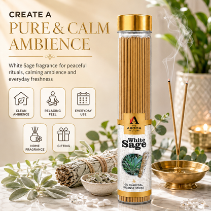 The Aroma Factory White Sage Agarbatti – Natural Herbal Incense Sticks for Pooja | 0% Charcoal, Low Smoke, Long Lasting Fragrance | 9-Inch Premium Agarbatti (100g Bottle Pack)