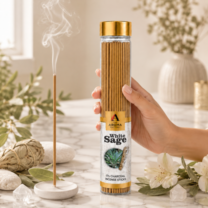 The Aroma Factory White Sage Agarbatti – Natural Herbal Incense Sticks for Pooja | 0% Charcoal, Low Smoke, Long Lasting Fragrance | 9-Inch Premium Agarbatti (100g Bottle Pack)