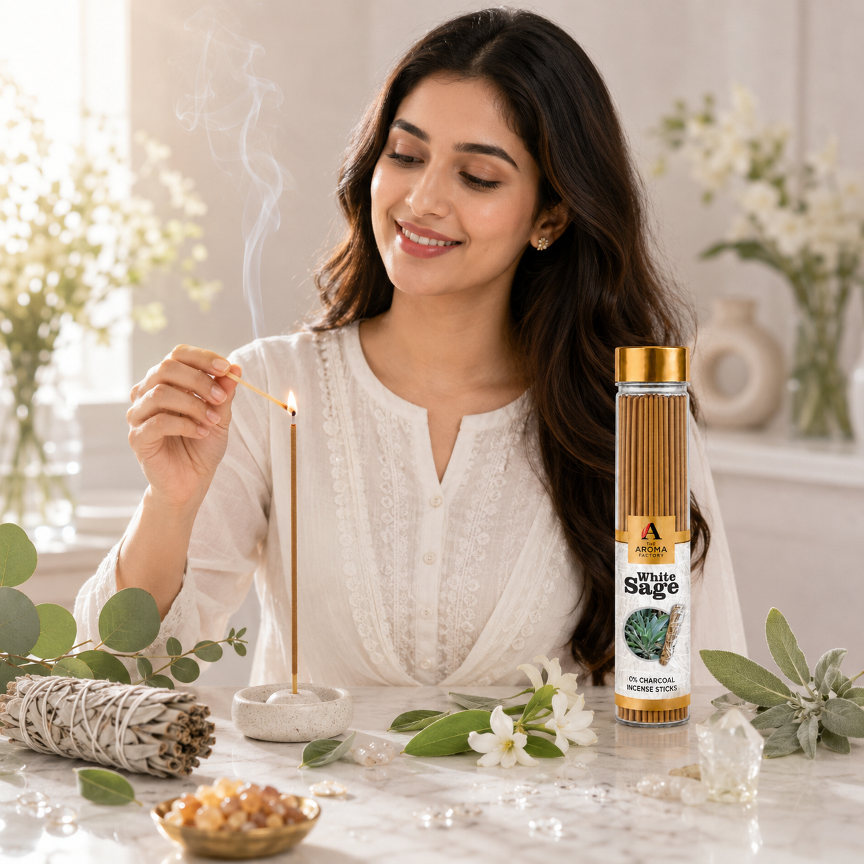 The Aroma Factory White Sage Agarbatti – Natural Herbal Incense Sticks for Pooja | 0% Charcoal, Low Smoke, Long Lasting Fragrance | 9-Inch Premium Agarbatti (100g Bottle Pack)