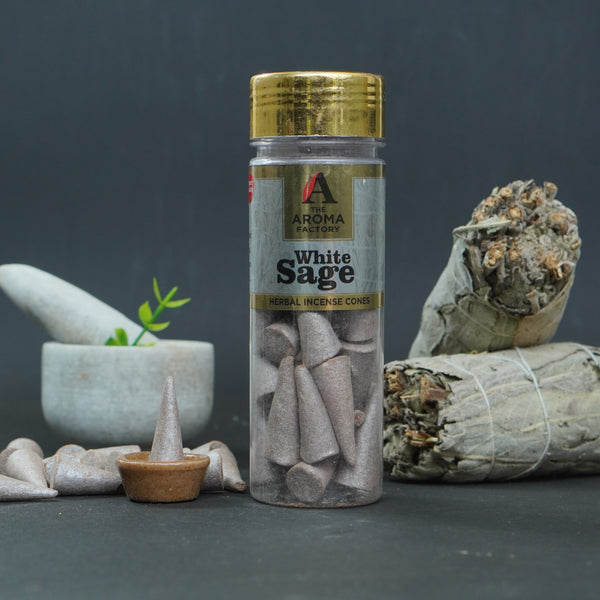 The Aroma Factory White Sage Incense Cone (0% Charcoal 0% Suphates Herbal Smudge Dhoop) Free Holder Bottle Pack, 30 Cones