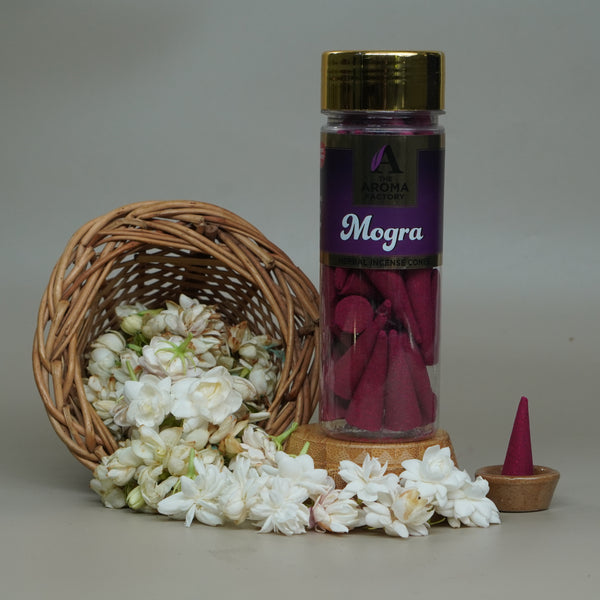 The Aroma Factory Mogra Incense Cone (0% Charcoal 0% Suphates Herbal Dhoop) Free Holder Bottle Pack, 30 Cones