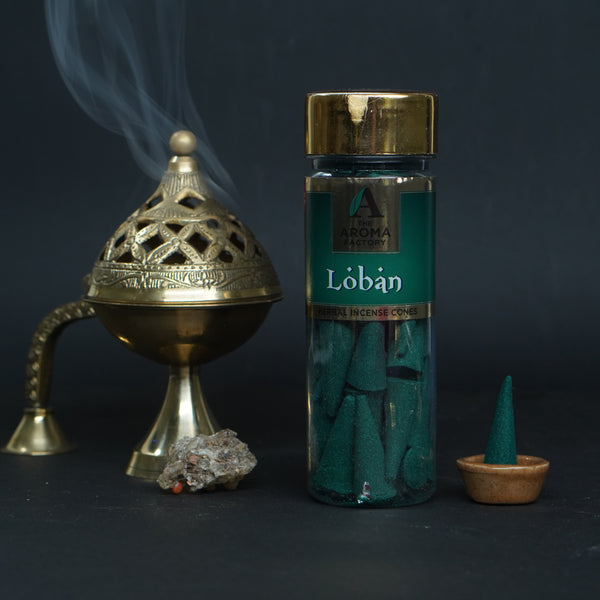 The Aroma Factory Loban Incense Cone (0% Charcoal 0% Suphates Herbal Lobhan Dhoop) Free Holder Bottle Pack, 30 Cones
