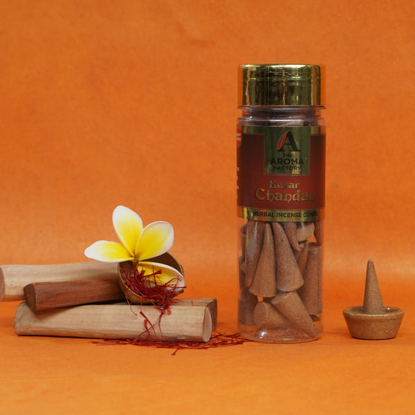 The Aroma Factory Kesar Chandan Incense Cone (0% Charcoal 0% Suphates Saffron Sandal Herbal Dhoop) Free Holder Bottle Pack, 30 Cones