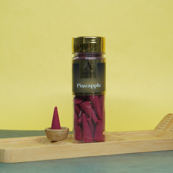 The Aroma Factory Pineapple Incense Cone (0% Charcoal 0% Suphates Herbal Dhoop) Free Holder Bottle Pack, 30 Cones
