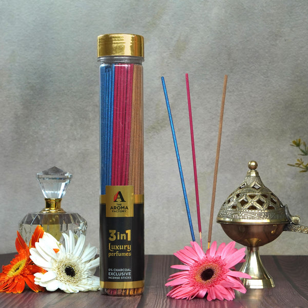 The Aroma Factory 3 In 1 Incense Stick (0% Charcoal 0% Sulphates) Floral & Fruity Mix Herbal Agarbatti Bottle Pack, 100G