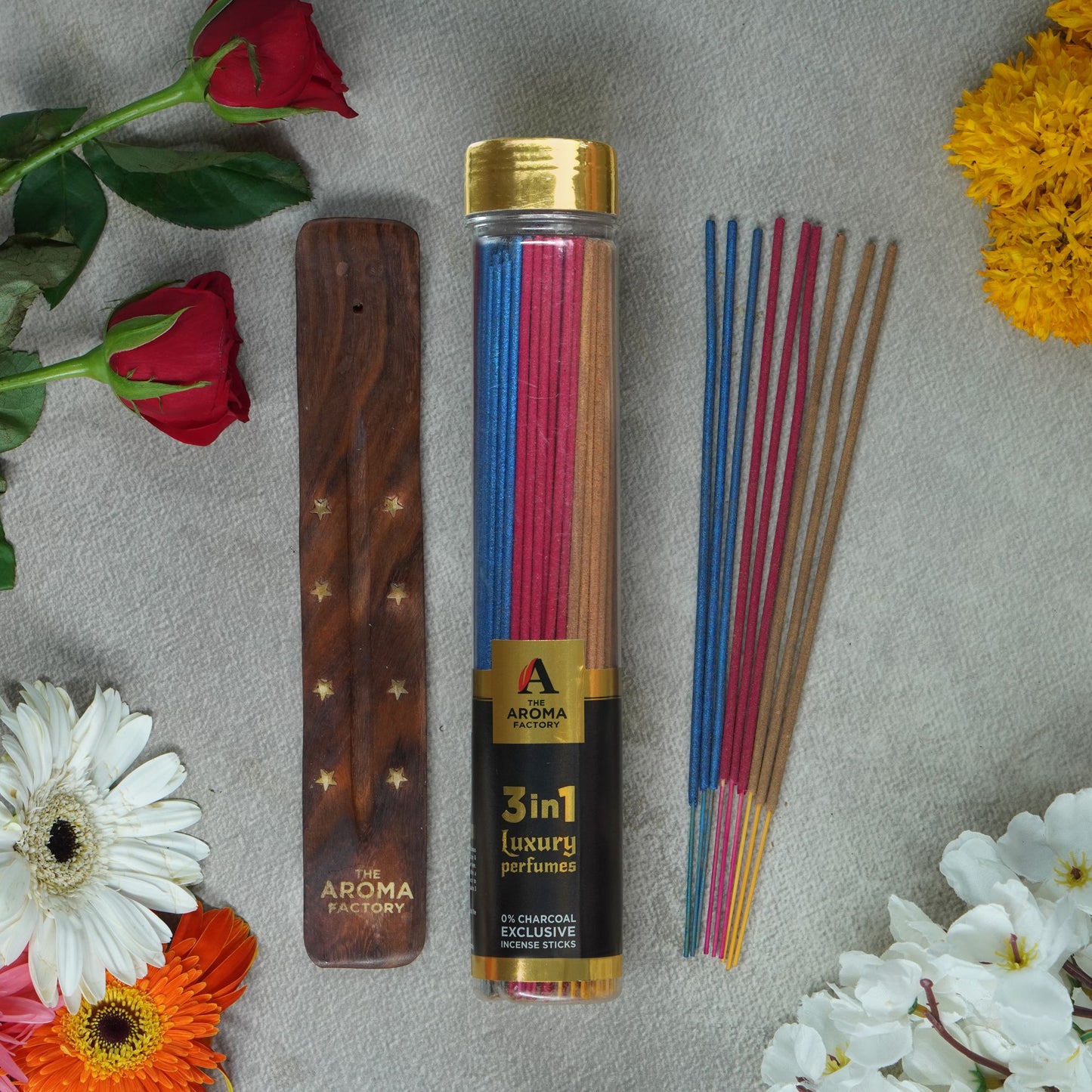 The Aroma Factory 3 In 1 Incense Stick (0% Charcoal 0% Sulphates) Floral & Fruity Mix Herbal Agarbatti Bottle Pack, 100G