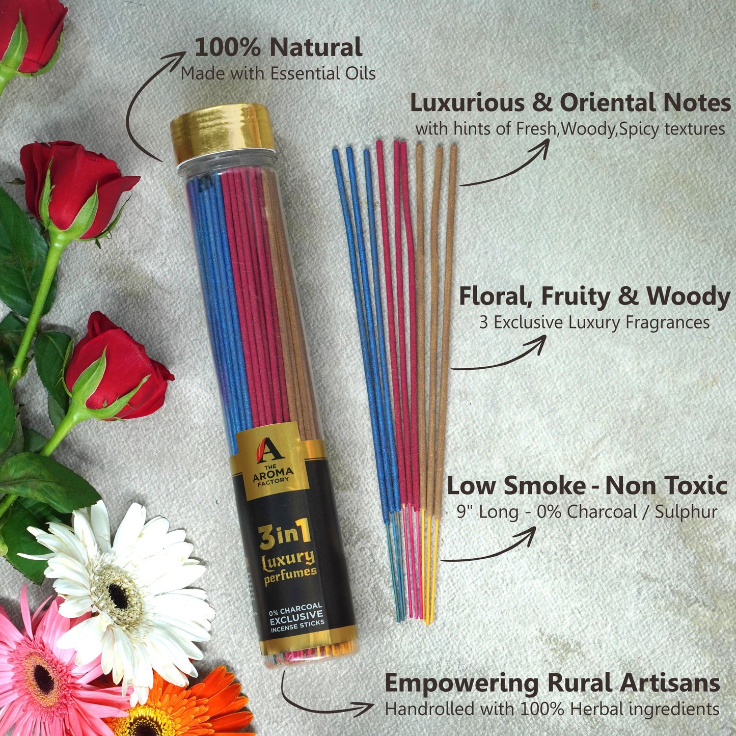 The Aroma Factory 3 In 1 Incense Stick (0% Charcoal 0% Sulphates) Floral & Fruity Mix Herbal Agarbatti Bottle Pack, 100G