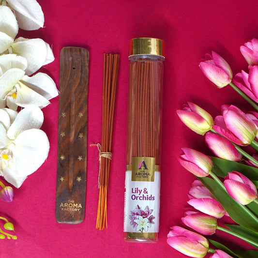 The Aroma Factory Lily & Orchid Incense Stick (0% Charcoal 0% Sulphates) Organic & Herbal Agarbatti Bottle Pack, 100G