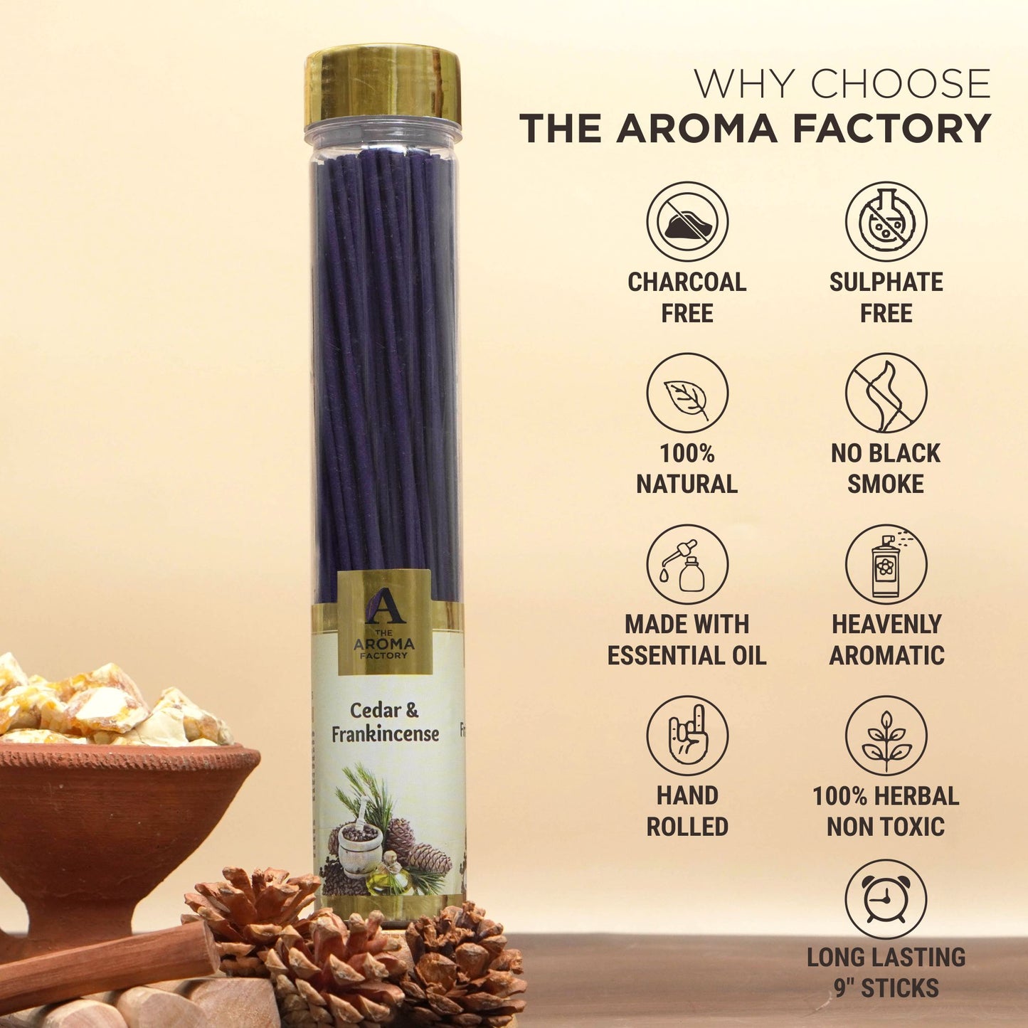 The Aroma Factory Frankincense & Cedar Incense Stick (0% Charcoal 0% Sulphates) Organic Agarbatti Bottle Pack, 100G