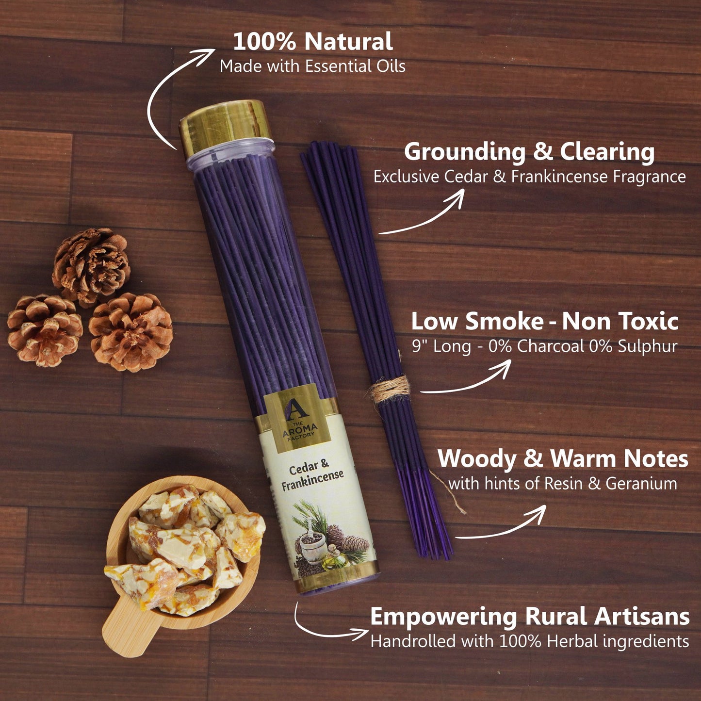 The Aroma Factory Frankincense & Cedar Incense Stick (0% Charcoal 0% Sulphates) Organic Agarbatti Bottle Pack, 100G